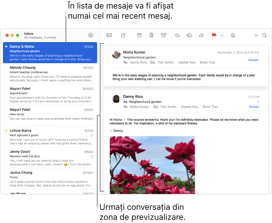Doar cel mai recent mesaj al unei conversații este afișat în lista de mesaje. Un număr la mesajul de sus arată câte mesaje dintr-o conversație se află în cutia poștală curentă. Urmăriți conversația în zona de previzualizare.