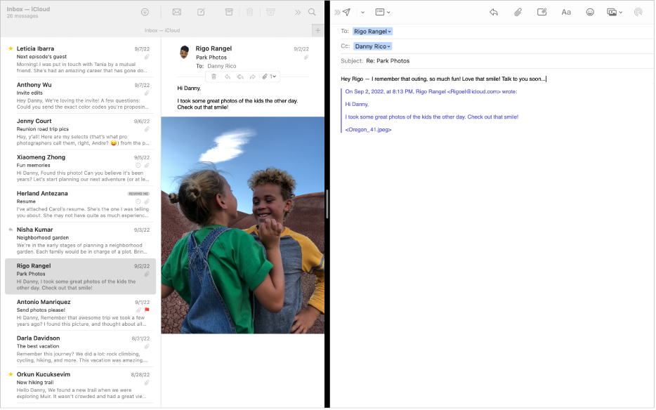 รายการข้อความที่อยู่ข้างๆ หน้าต่างเขียนในแบบ Split View