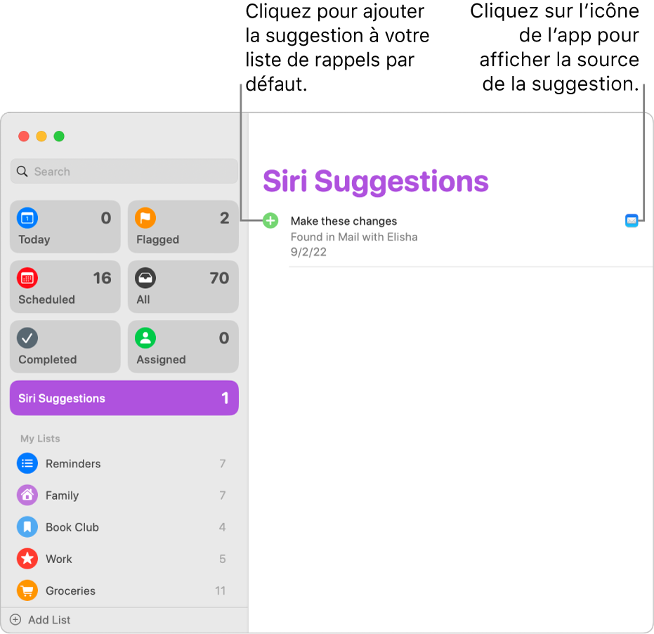 Une liste « Suggestions de Siri » dans l’app Rappels affichant une suggestion de rappel provenant de l’app Mail.