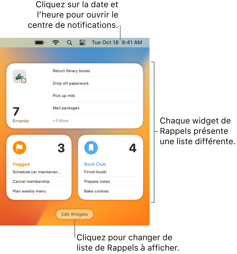Trois widgets Rappels dans le centre de notifications, chacun affichant une liste distincte.