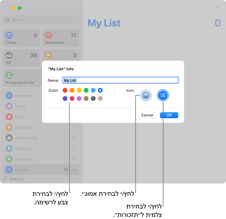 תיבת הדו-שיח “פרטים” של רשימת “תזכורות”, המראה את דוגמאות הצבע ואת כפתורי הצלמיות.