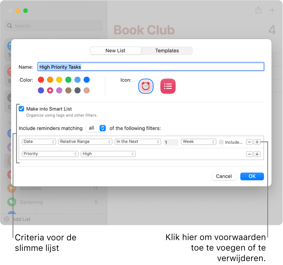 Het dialoogvenster 'Nieuwe slimme lijst' met de velden die worden gebruikt om de criteria op te geven.