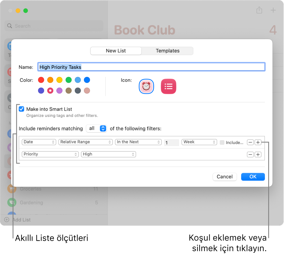 Ölçütleri belirtmek için kullanılan alanları gösteren Yeni Akıllı Liste sorgu kutusu.