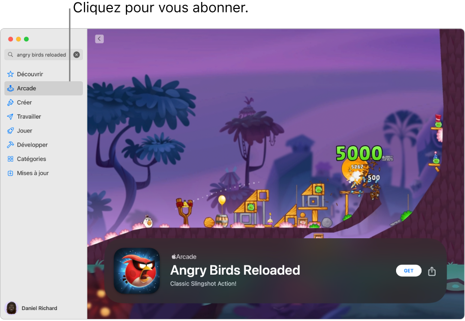 La page principale d’Apple Arcade. Un jeu populaire s’affiche à droite.