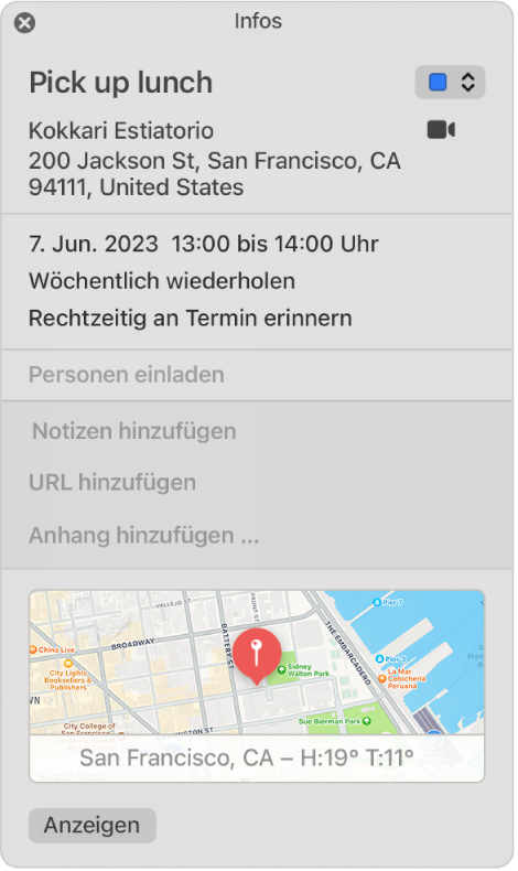 Das Informationsfenster eines Kalender-Ereignisses Die Details werden angezeigt, einschließlich dem Ortsnamen, der Adresse und einer kleinen Karte.