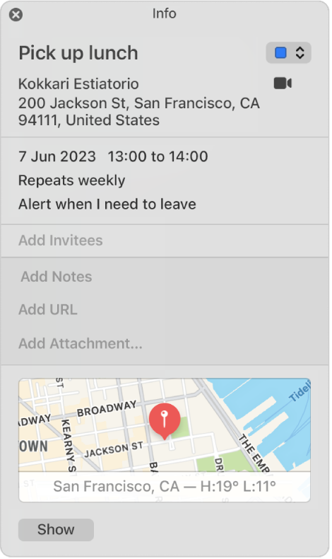 A Calendar event Info window. The event details are shown, including the location name and address and a small map.