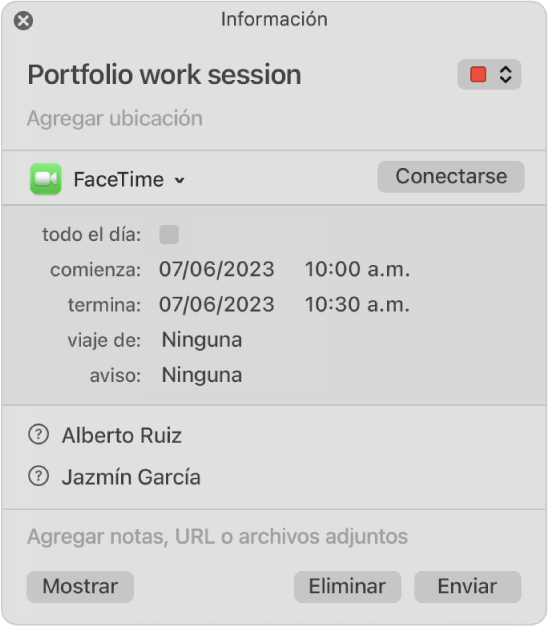 Ventana de información de un evento mostrando sólo a las personas invitadas.