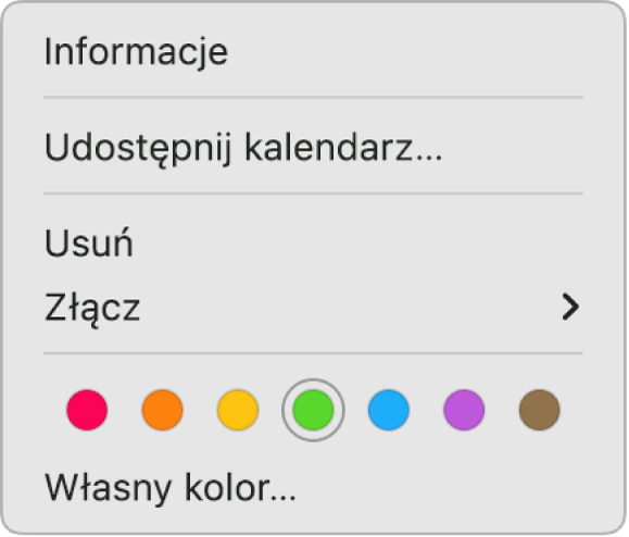 Menu podręczne w aplikacji Kalendarz pokazujące opcje ustawień zmiany koloru kalendarza.