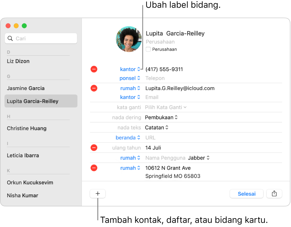 Kartu kontak yang menampilkan label bidang yang dapat diubah dan tombol di bagian bawah kartu untuk menambah kontak, daftar, atau bidang kartu.