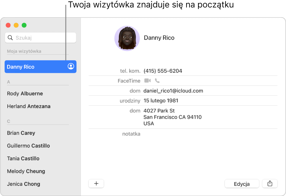 Pasek boczny Kontaktów z Twoją wizytówką na samej górze.