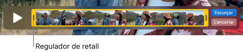 Un clip a la finestra del QuickTime Player, amb una part del clip delimitada per marcadors grocs i la resta del clip situada fora dels marcadors grocs. El botó Escurçar i el botó Cancel·lar estan situats a la dreta.