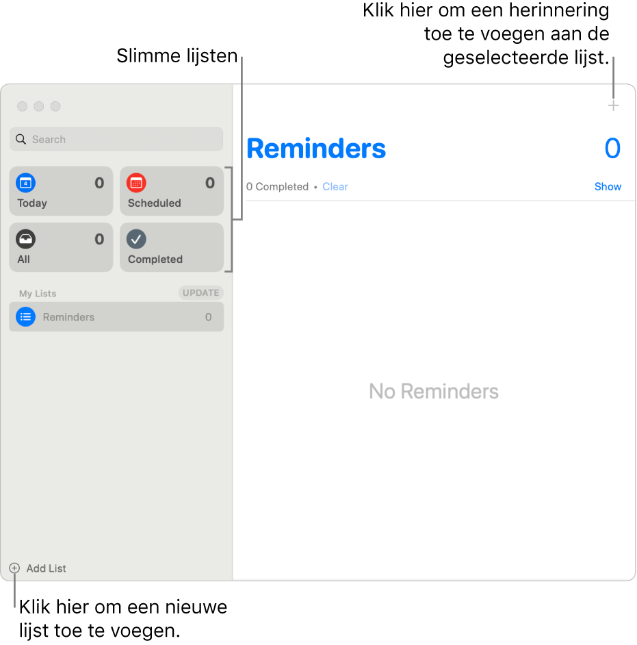 Een Herinneringen-venster met rechtsonderin de knop 'Voeg lijst toe', rechtsbovenin de knop 'Voeg herinnering toe' en slimme lijsten in de navigatiekolom.