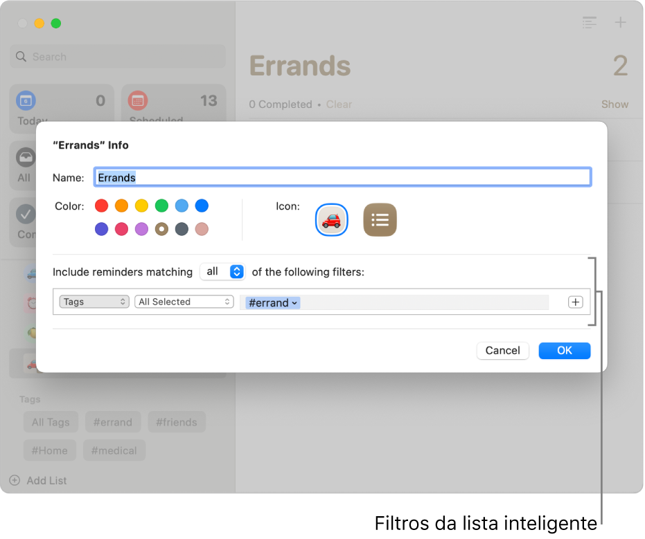 Uma janela de informação da lista inteligente personalizada a mostrar o menu pop-up de filtros.