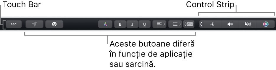 Touch Bar de-a lungul părții de sus a tastaturii, afișând Control Strip restrâns în dreapta și butoane care variază în funcție de aplicație sau sarcină.
