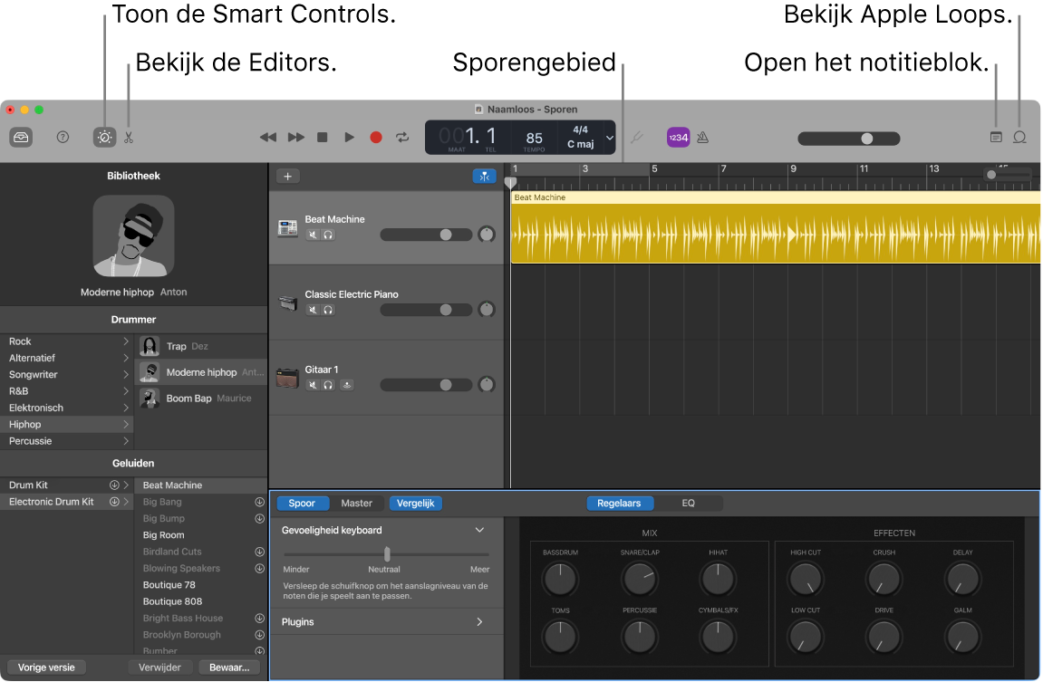 Een GarageBand-venster met daarin de knoppen voor toegang tot slimme besturingselementen, editors, notities en Apple Loops. Ook het gebied met tracks wordt weergegeven.