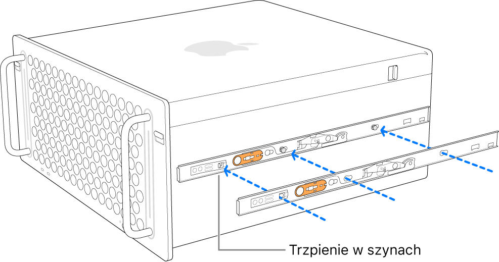 Mac Pro z zamocowaną do boku szyną wewnętrzną.