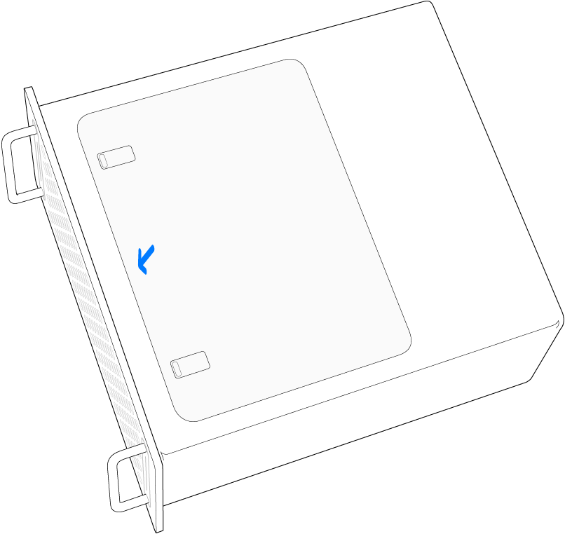 Mac Pro așezat pe o parte și arătând reinstalarea panoului de acces.