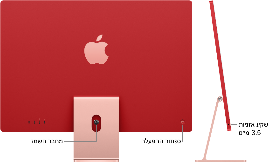 תצוגה אחורית של iMac המראה את מחבר המתח ואת כפתור ההפעלה. ליד מוצג מבט מן הצד על שקע האזניות.