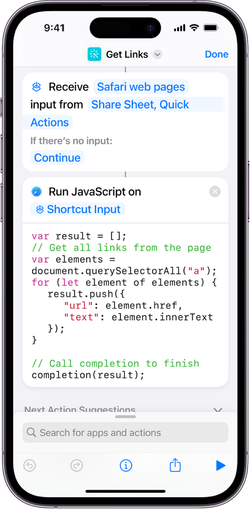 L'azione “Esegui JavaScript sulla pagina web” nell'editor di comandi rapidi.