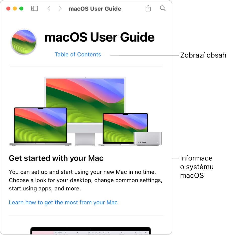Úvodní stránka Uživatelské příručky pro macOS s odkazem na obsah