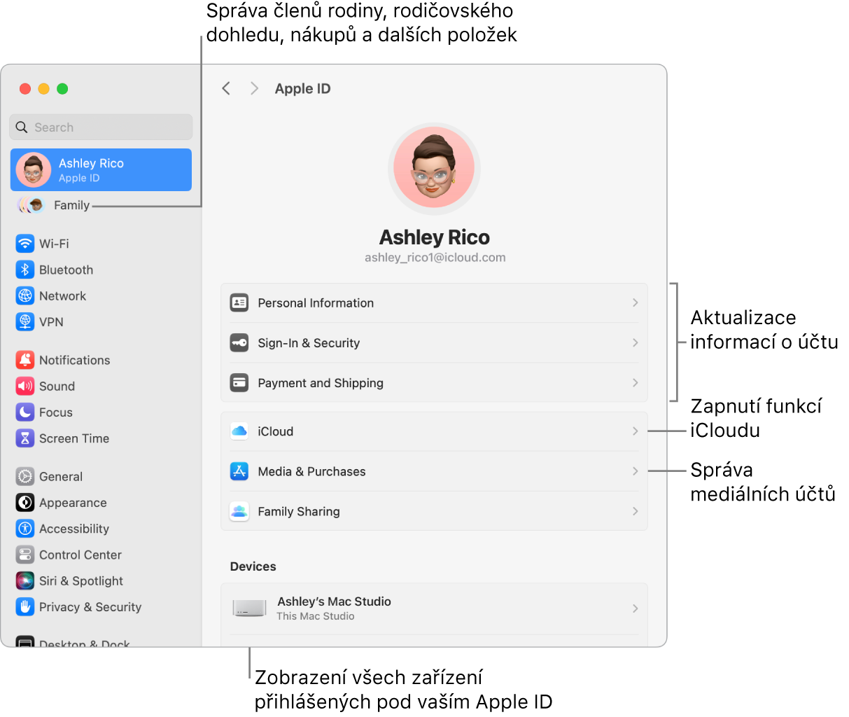 Volby Apple ID v Nastavení systému s popisky u ovládacích prvků pro aktualizaci informací o účtu, zapnutí nebo vypnutí různých funkcí iCloudu a správu účtů pro média a u volby Rodina, která vám umožňuje spravovat členy rodiny, rodičovský dohled, nákupy a další položky