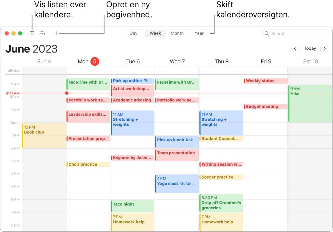 Et kalendervindue, der viser kalenderlisten, hvordan du opretter en begivenhed, og hvordan du vælger oversigten Dag, Uge, Måned eller År.