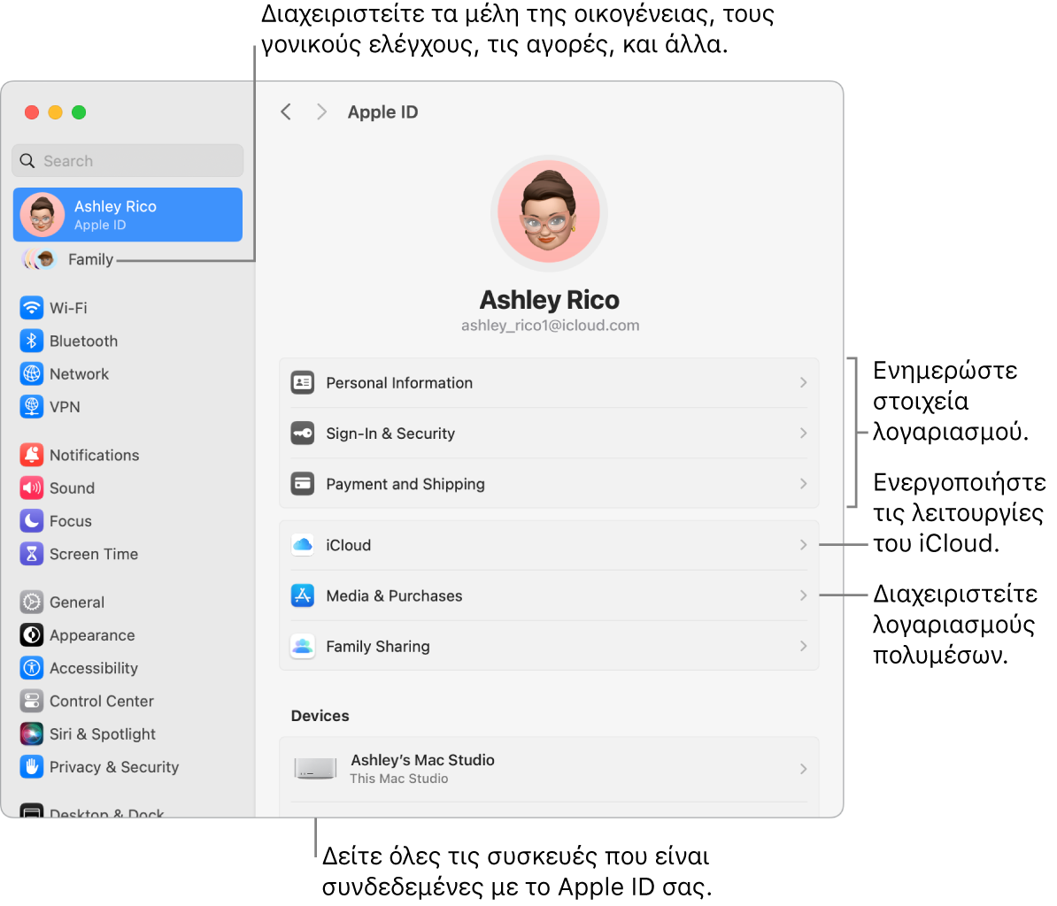 Οι ρυθμίσεις Apple ID στις Ρυθμίσεις συστήματος με επεξηγήσεις για ενημέρωση των στοιχείων λογαριασμού, ενεργοποίηση ή απενεργοποίηση δυνατοτήτων iCloud, διαχείριση λογαριασμών πολυμέσων, και η Οικογένεια όπου μπορείτε να διαχειριστείτε τα μέλη οικογένειας, τον γονικό έλεγχο, τις αγορές και πολλά άλλα..