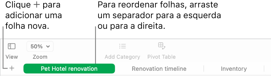Uma janela do Numbers a mostrar como adicionar uma nova folha e como reordenar folhas.
