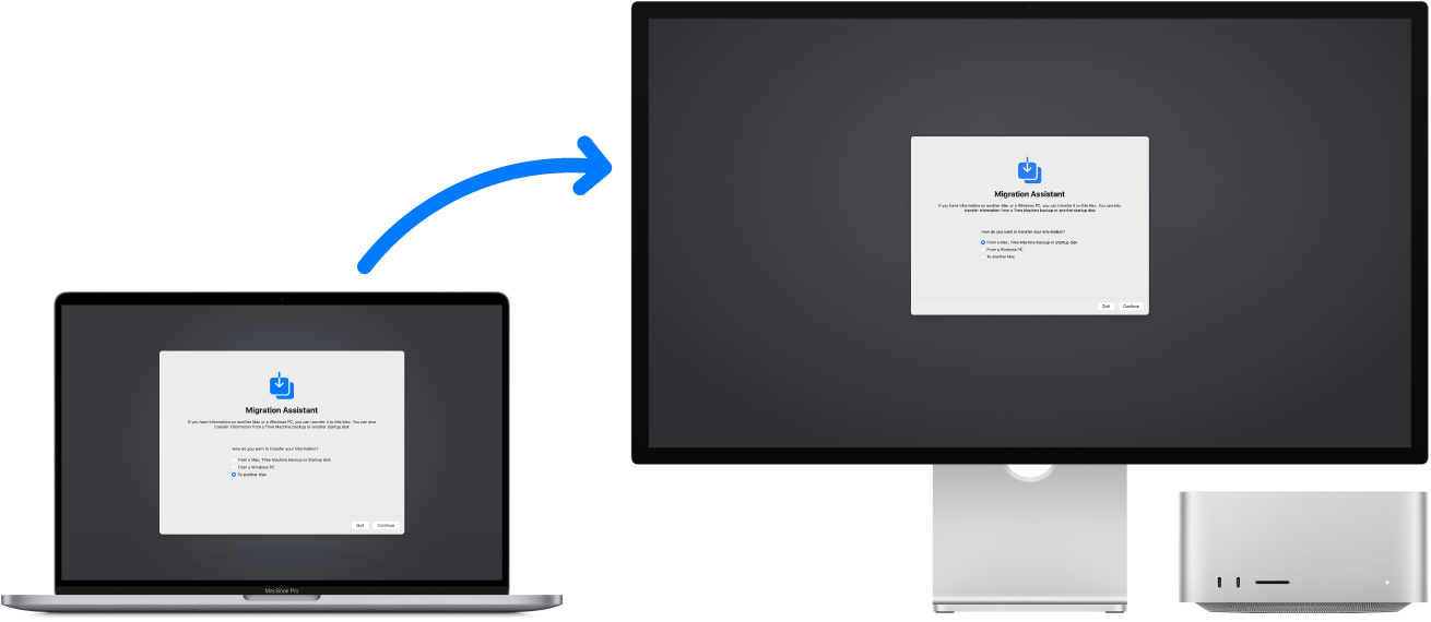 Un MacBook Pro și un Mac Studio afișând fiecare ecranul Asistent de migrare. O săgeată de la MacBook Pro la Mac Studio indică transferul de date de la un computer la celălalt.