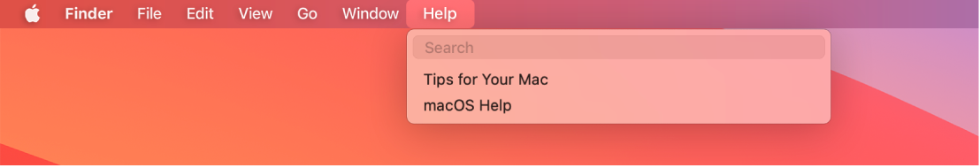 Yardım menüsü açık halde Ara ve macOS Yardım menü seçeneklerini gösteren kısmi masaüstü.