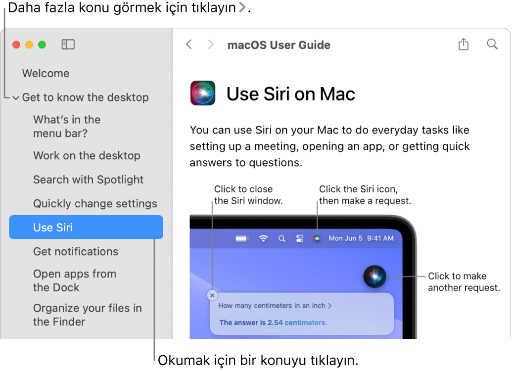 Yardım Görüntüleyici, kenar çubuğunda konuların gösterilmesini açıklayan bir belirtme çizgisi ve bir konunun içeriğinin görüntülenmesini açıklayan başka bir belirtme çizgisi ile.