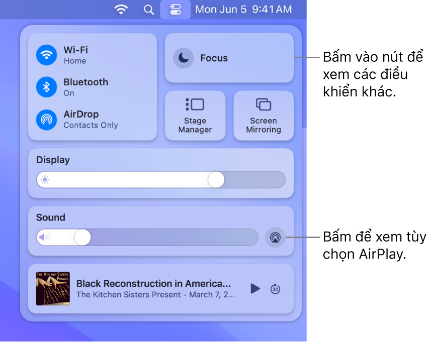 Chế độ xem Phóng to của Trung tâm điều khiển trên máy Mac của bạn.