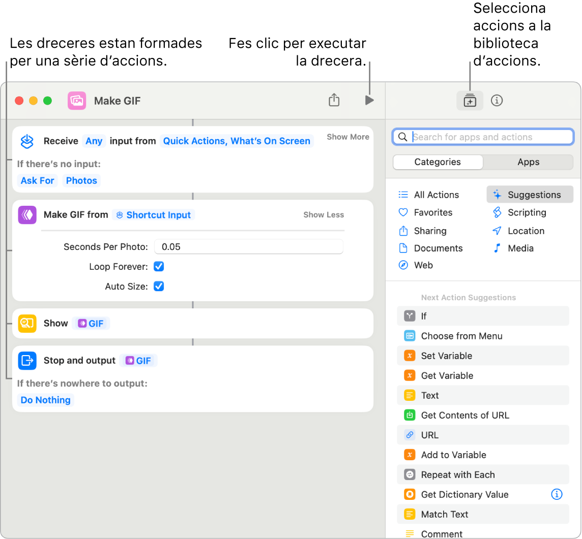 L’editor de dreceres “Crear GIF” a l’esquerra i la biblioteca d’accions a la dreta.