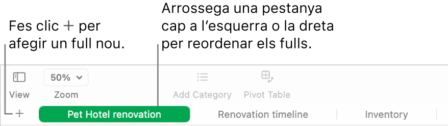 Una finestra del Numbers que mostra com afegir un full nou i com reordenar els fulls.