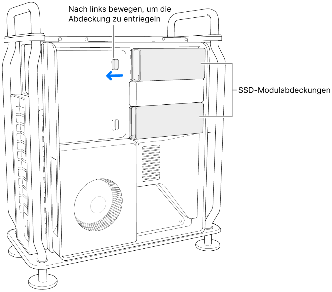 Der Schalter wird nach links bewegt, um die SSD-Abdeckung zu entsperren.