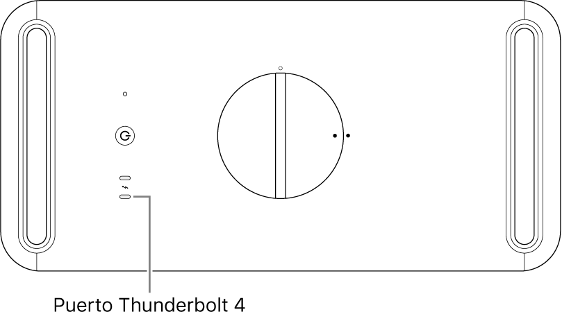 La parte superior de un Mac Pro con una indicación que señala el puerto Thunderbolt 4 que hay que usar.