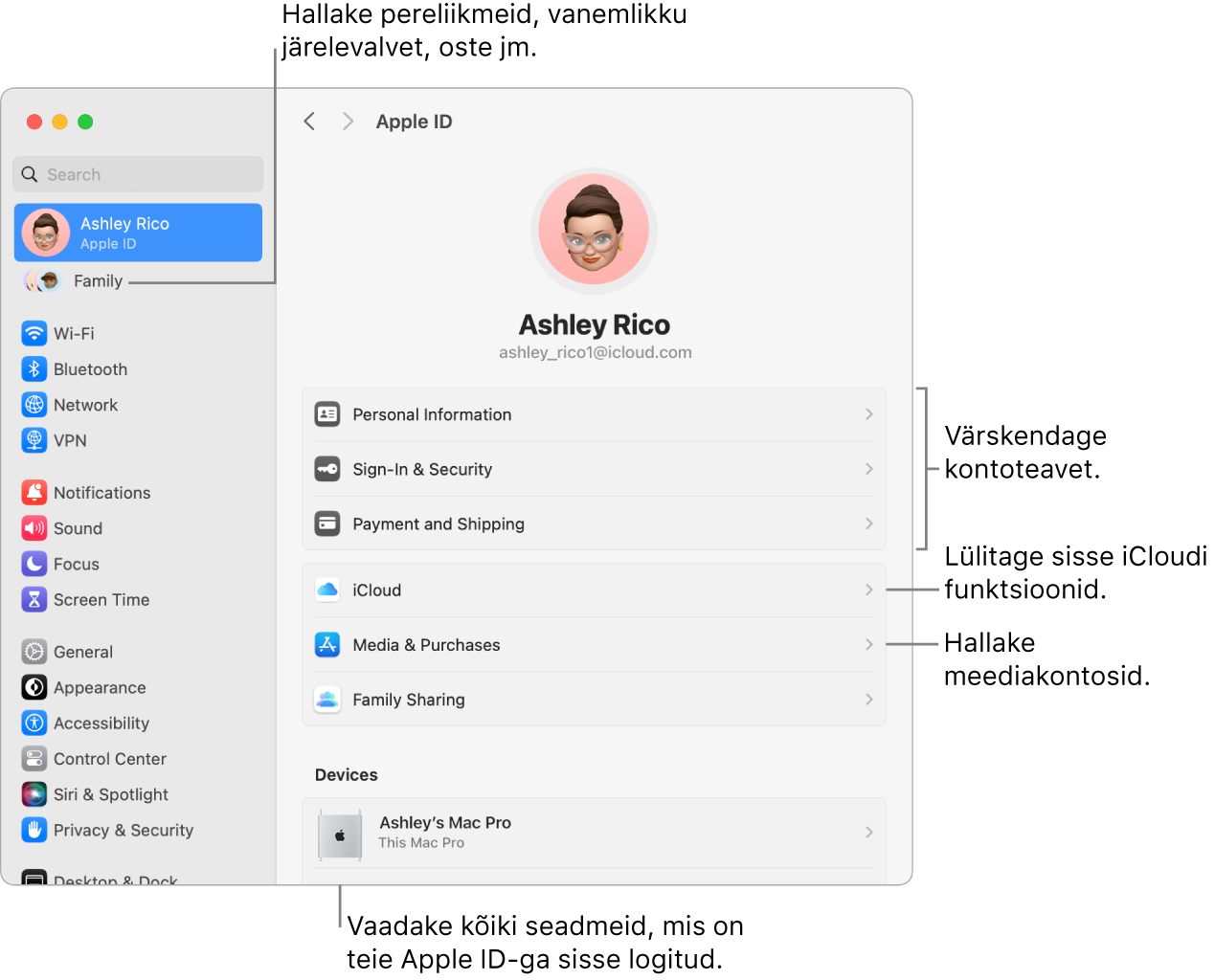 Apple ID seaded jaotises System Settings väljaviikudega kontoinfo värskendamiseks, iCloudi funktsioonide sisse või välja lülitamiseks, meediakontode haldamiseks ning jaotis Family, kust saate hallata pereliikmeid, vanemlikku järelevalvet, oste jm.