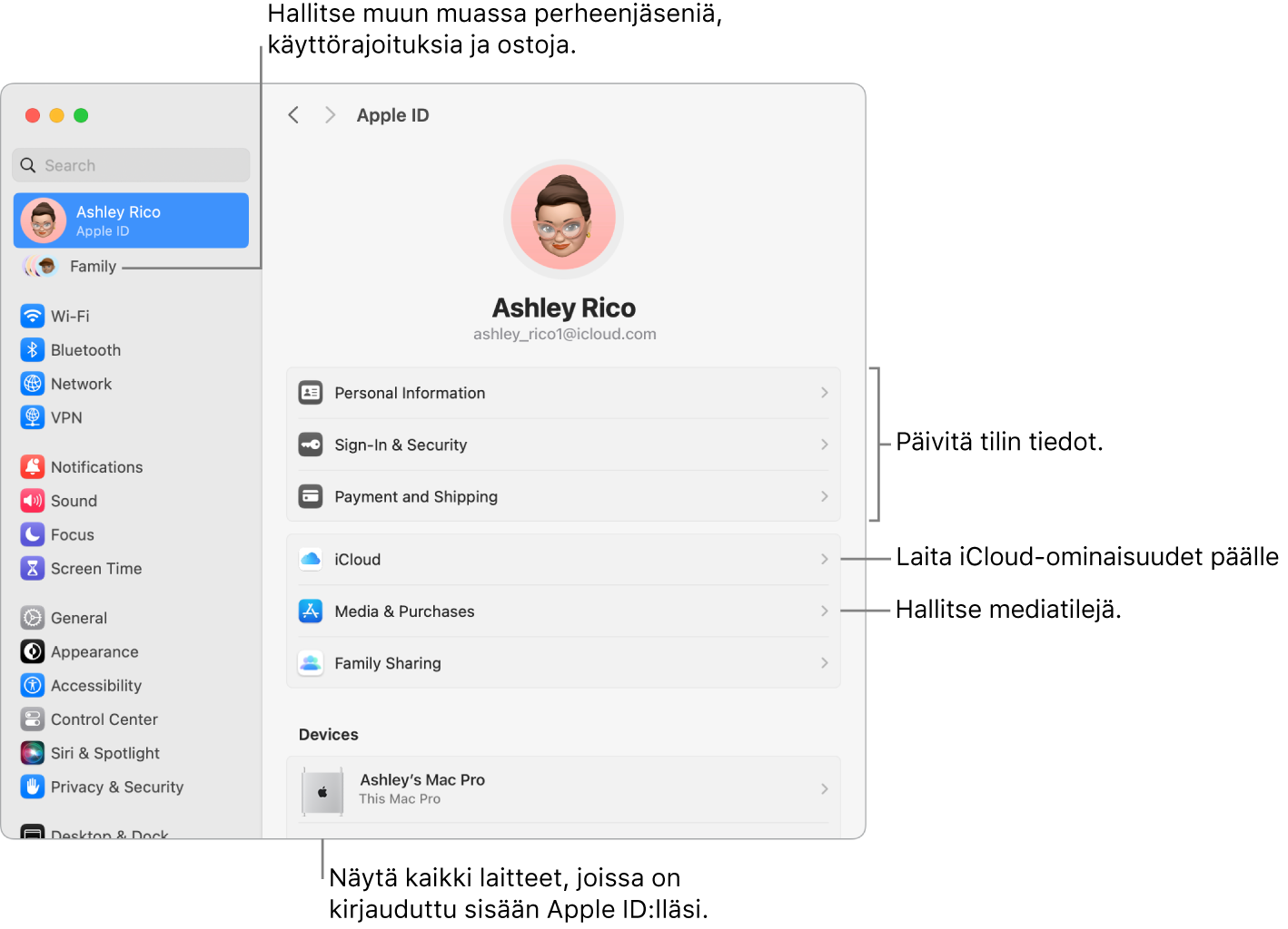 Järjestelmäasetusten Apple ID -osio ja selitteet tilin tietojen päivittämiseen, iCloud-ominaisuuksien laittamiseen päälle tai pois päältä sekä mediatilien hallintaan. Lisäksi Perhe-osio, jossa voit hallita perheenjäseniä, käyttörajoituksia, ostoja ja muita ominaisuuksia.
