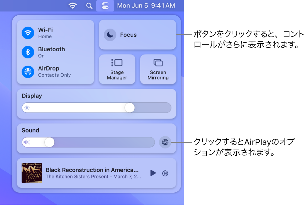 Macのコントロールセンターの拡大表示。