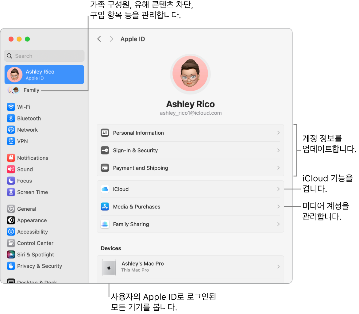 계정 정보 업데이트, iCloud 기능 켜기 또는 끄기, 미디어 계정 관리 및 가족 구성원, 유해 콘텐츠 차단, 구입 항목 등을 관리할 수 있는 가족에 대한 설명이 있는 시스템 설정의 Apple ID 패널.
