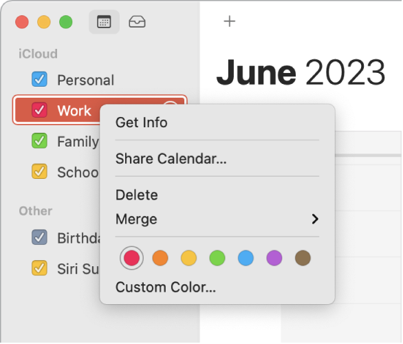 „Calendar“ nuorodų meniu, kuriame pateikiamos kalendoriaus spalvos individualizavimo parinktys.