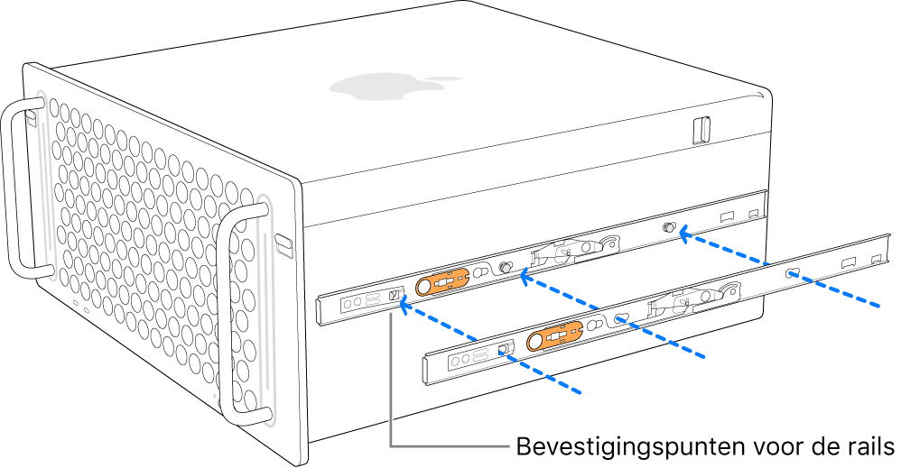 Mac Pro waarbij een binnenste rail aan de zijkant wordt bevestigd.