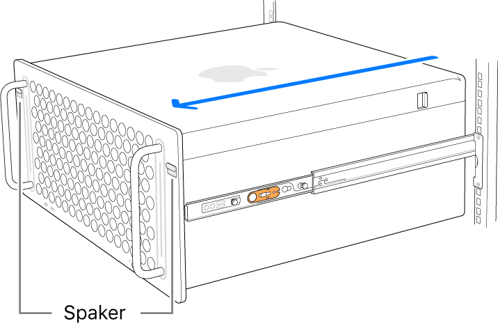 Mac Pro som hviler på skinnene som er festet til racken.