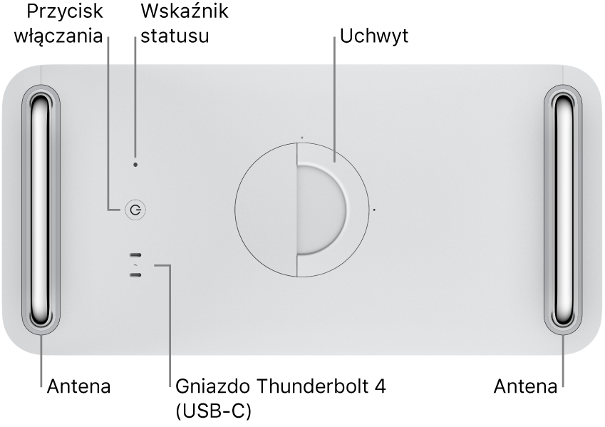 Widok Maca Pro z góry, na którym widać przycisk zasilania, lampkę wskaźnika statusu, zatrzask, dwa gniazda Thunderbolt 4 (USB-C) oraz dwie anteny, jedna po lewej, druga po prawej stronie.