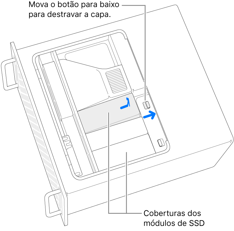 A trava está sendo movida para a direita para desbloquear a capa do SSD.