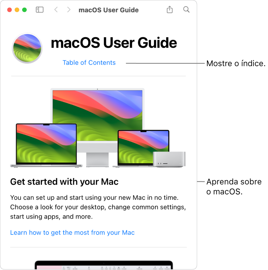 Página de boas-vindas do Manual do Usuário do macOS mostrando o link Índice.