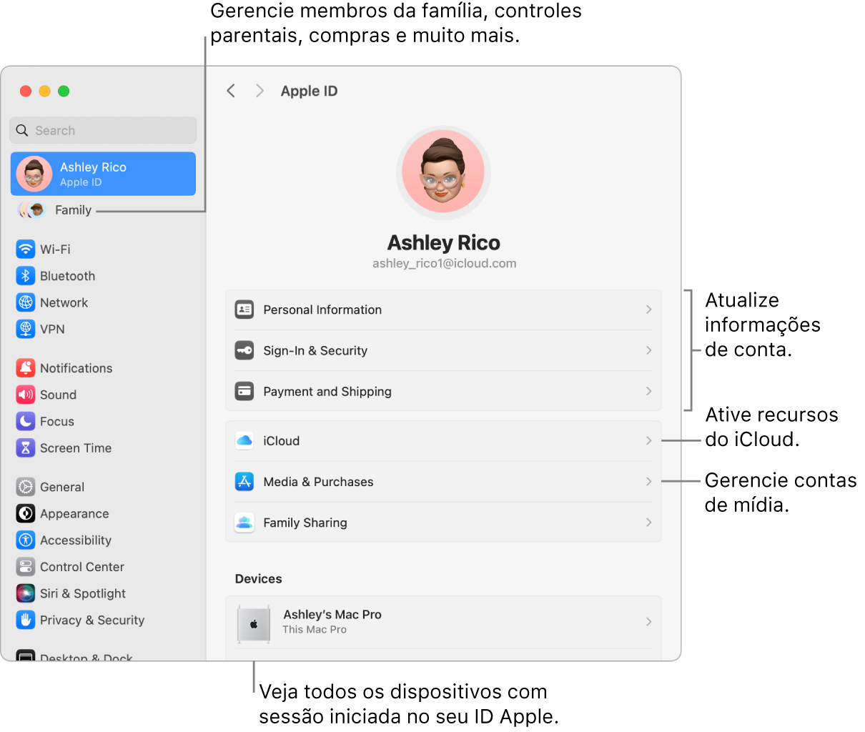 Painel do ID Apple nos Ajustes do Sistema com chamadas para atualizar informações da conta, ativar ou desativar recursos do iCloud, gerenciar contas de mídia, e Família, onde você pode gerenciar membros da família, controles parentais, compras, dentre outros.