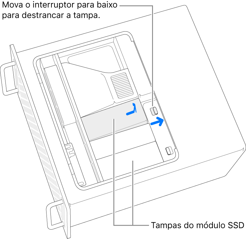 O botão está a ser movido para a direita para destrancar a tampa do SSD.