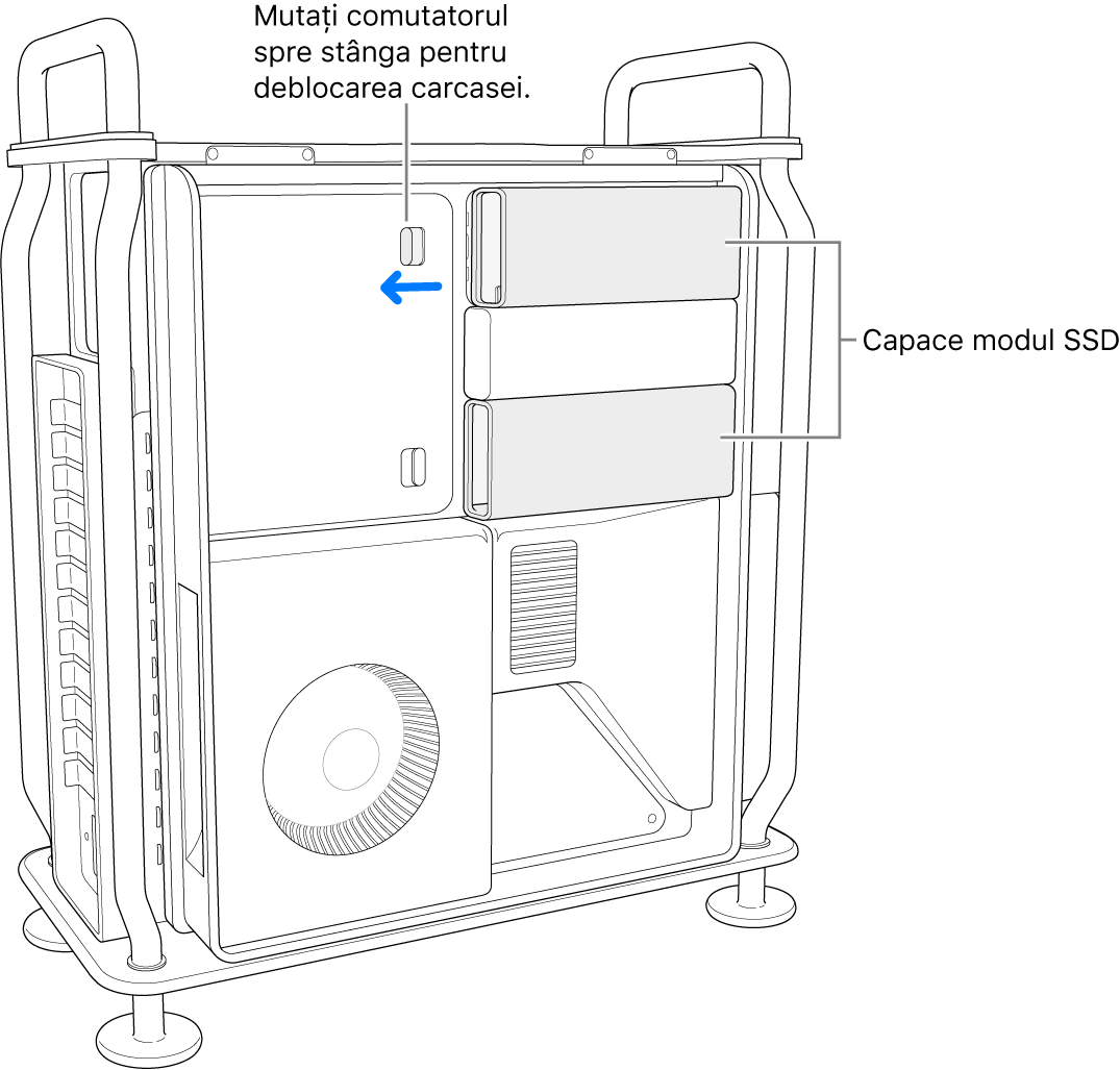 Comutatorul este mutat la stânga pentru deblocarea carcasei SSD.