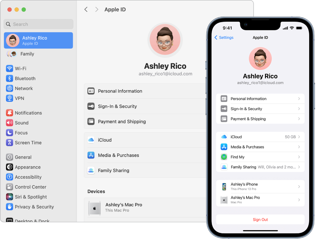 Configurările iCloud pe un iPhone și un Mac.